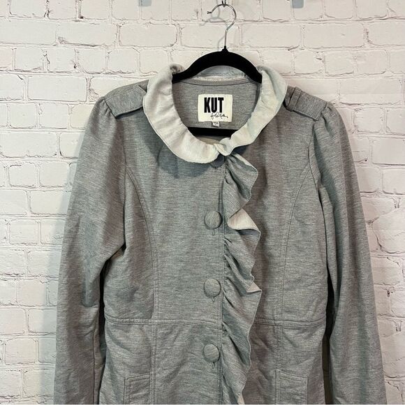 Kut from the Kloth Womens Button Front Long Jacket Size Large Gray Ruffle - Picture 2 of 6